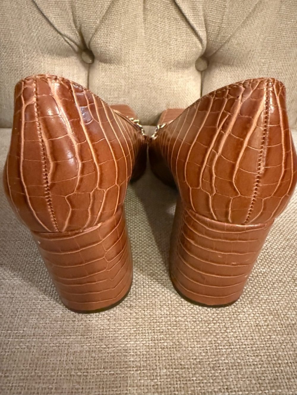 The Limited Benton Cognac Croc-Embossed Chain Loafers Chunky Heel 90s - Picture 9 of 10